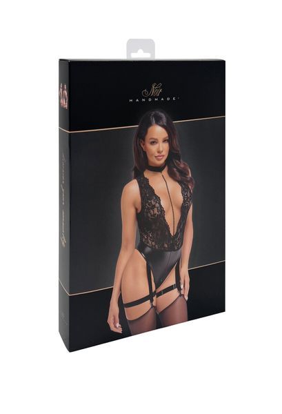 Боді Noir Handmade F297 Libido, 3XL, чорне, мереживо, низ під латекс, відкритий доступ, гартери SX0224 фото