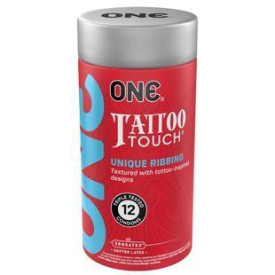 Презервативи ONE Tattoo Touch, 12 шт, рельєф у вигляді тату, 3 різновиди, подарункове паковання-тубус SX0790 фото